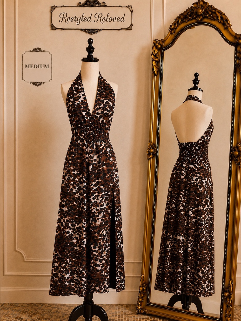 S.DEER Leopard Print Halter Maxi Dress | Backless | Side Slit | Rosette Detail